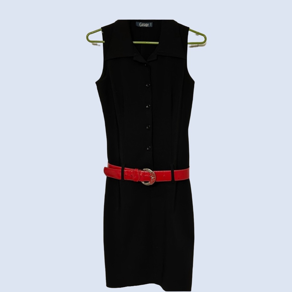 Black sleeveless belted dress with collar  by Garage. Stretchy fabric.